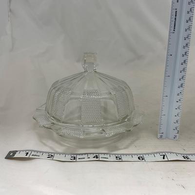 -103- Clear Glass | Dotted Pattern | Covered Butter Dish | Covered Sugar & Creamer