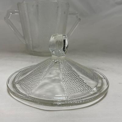 -103- Clear Glass | Dotted Pattern | Covered Butter Dish | Covered Sugar & Creamer