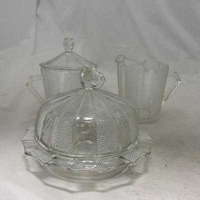 -103- Clear Glass | Dotted Pattern | Covered Butter Dish | Covered Sugar & Creamer