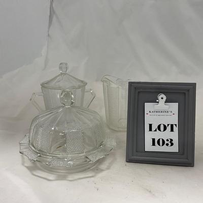 -103- Clear Glass | Dotted Pattern | Covered Butter Dish | Covered Sugar & Creamer