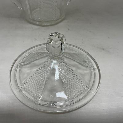 -103- Clear Glass | Dotted Pattern | Covered Butter Dish | Covered Sugar & Creamer