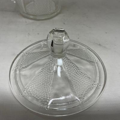 -103- Clear Glass | Dotted Pattern | Covered Butter Dish | Covered Sugar & Creamer