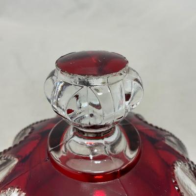 -104- Ruby Red and Clear Glass | Covered Butter Dish