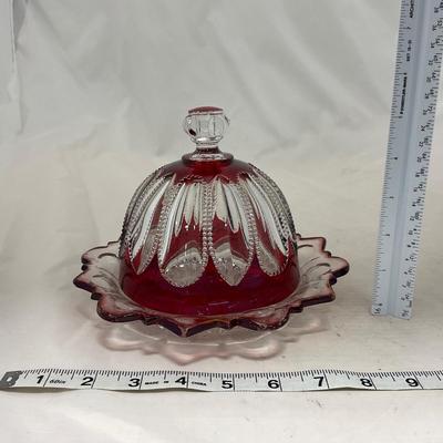 -104- Ruby Red and Clear Glass | Covered Butter Dish