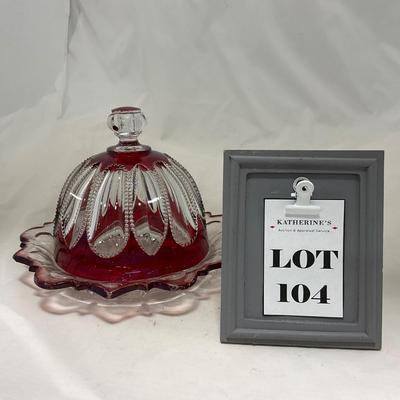 -104- Ruby Red and Clear Glass | Covered Butter Dish
