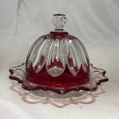 -104- Ruby Red and Clear Glass | Covered Butter Dish
