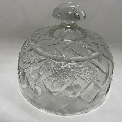 -105- Heavy Clear Glass | Cherries Pattern | Covered Butter Dish