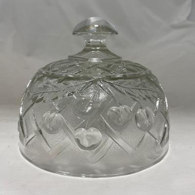 -105- Heavy Clear Glass | Cherries Pattern | Covered Butter Dish