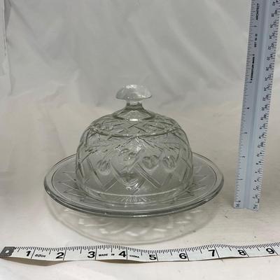 -105- Heavy Clear Glass | Cherries Pattern | Covered Butter Dish