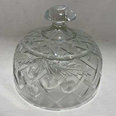 -105- Heavy Clear Glass | Cherries Pattern | Covered Butter Dish