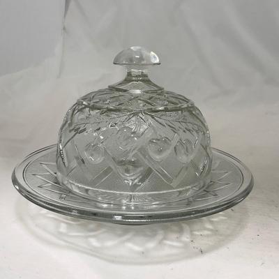 -105- Heavy Clear Glass | Cherries Pattern | Covered Butter Dish