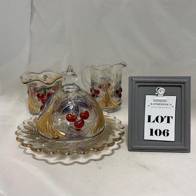-106- Red & Gold | Northwood EAPG | Cherries Pattern | Covered Butter Dish | Creamer & Sugar