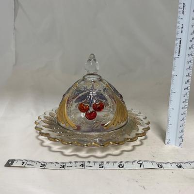 -106- Red & Gold | Northwood EAPG | Cherries Pattern | Covered Butter Dish | Creamer & Sugar