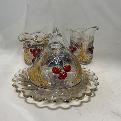 -106- Red & Gold | Northwood EAPG | Cherries Pattern | Covered Butter Dish | Creamer & Sugar