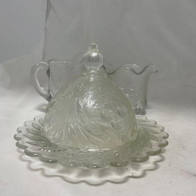-107- Clear Glass | Northwood EAPG Style | Cherries Pattern | Covered Butter Dish | Creamer & Sugar