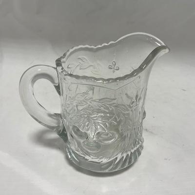 -107- Clear Glass | Northwood EAPG Style | Cherries Pattern | Covered Butter Dish | Creamer & Sugar