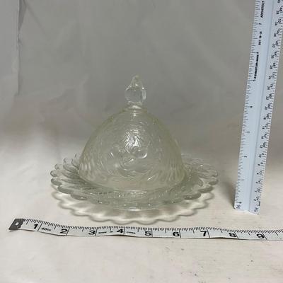 -107- Clear Glass | Northwood EAPG Style | Cherries Pattern | Covered Butter Dish | Creamer & Sugar