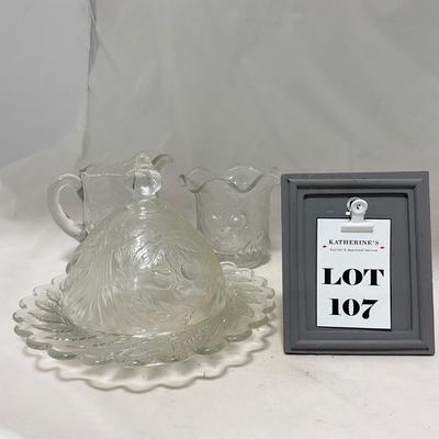 -107- Clear Glass | Northwood EAPG Style | Cherries Pattern | Covered Butter Dish | Creamer & Sugar