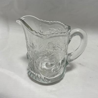 -107- Clear Glass | Northwood EAPG Style | Cherries Pattern | Covered Butter Dish | Creamer & Sugar