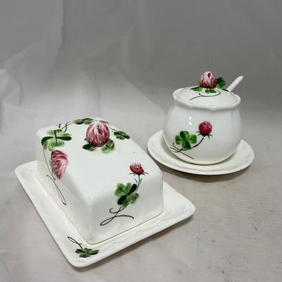 -108- White & Flowered | Glazed | Covered Sugar Dish & Spoon | Covered Butter Dish
