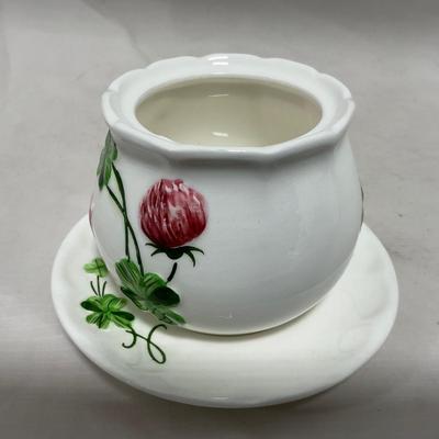 -108- White & Flowered | Glazed | Covered Sugar Dish & Spoon | Covered Butter Dish