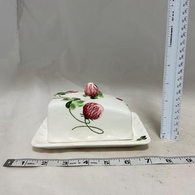 -108- White & Flowered | Glazed | Covered Sugar Dish & Spoon | Covered Butter Dish
