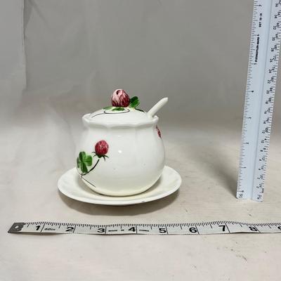-108- White & Flowered | Glazed | Covered Sugar Dish & Spoon | Covered Butter Dish