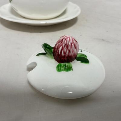 -108- White & Flowered | Glazed | Covered Sugar Dish & Spoon | Covered Butter Dish
