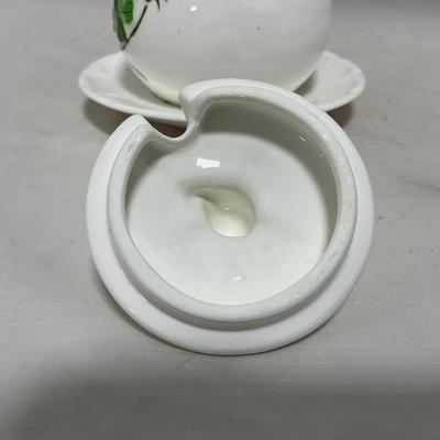 -108- White & Flowered | Glazed | Covered Sugar Dish & Spoon | Covered Butter Dish