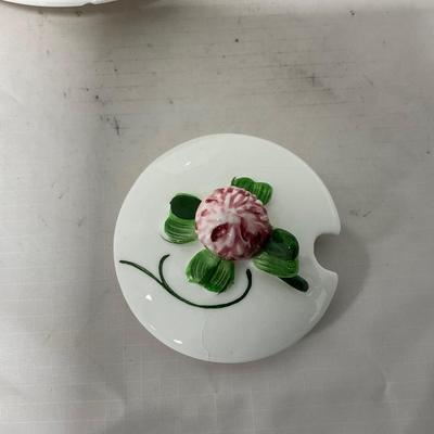 -108- White & Flowered | Glazed | Covered Sugar Dish & Spoon | Covered Butter Dish