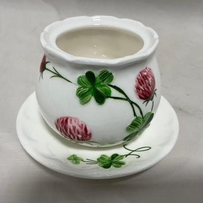 -108- White & Flowered | Glazed | Covered Sugar Dish & Spoon | Covered Butter Dish