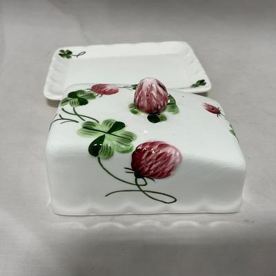 -108- White & Flowered | Glazed | Covered Sugar Dish & Spoon | Covered Butter Dish