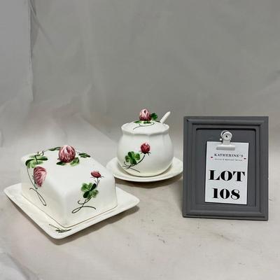 -108- White & Flowered | Glazed | Covered Sugar Dish & Spoon | Covered Butter Dish