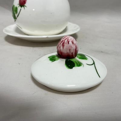 -108- White & Flowered | Glazed | Covered Sugar Dish & Spoon | Covered Butter Dish