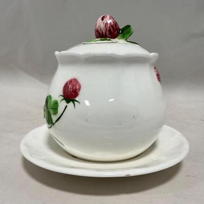 -108- White & Flowered | Glazed | Covered Sugar Dish & Spoon | Covered Butter Dish