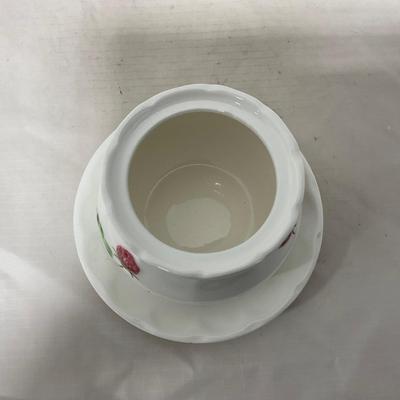 -108- White & Flowered | Glazed | Covered Sugar Dish & Spoon | Covered Butter Dish
