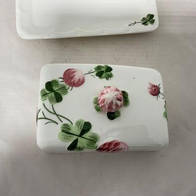 -108- White & Flowered | Glazed | Covered Sugar Dish & Spoon | Covered Butter Dish