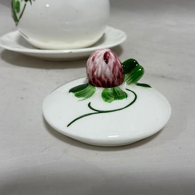 -108- White & Flowered | Glazed | Covered Sugar Dish & Spoon | Covered Butter Dish