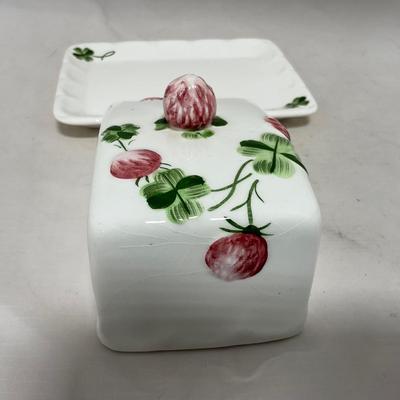-108- White & Flowered | Glazed | Covered Sugar Dish & Spoon | Covered Butter Dish
