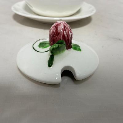 -108- White & Flowered | Glazed | Covered Sugar Dish & Spoon | Covered Butter Dish