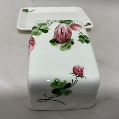 -108- White & Flowered | Glazed | Covered Sugar Dish & Spoon | Covered Butter Dish
