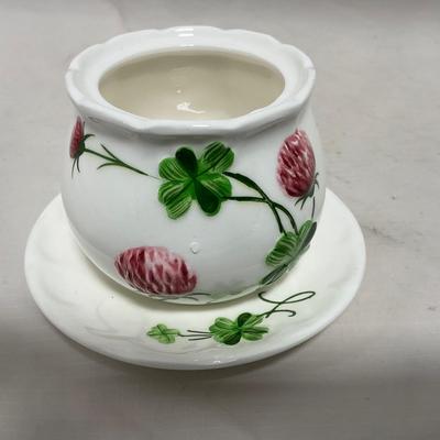 -108- White & Flowered | Glazed | Covered Sugar Dish & Spoon | Covered Butter Dish