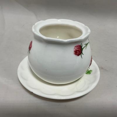 -108- White & Flowered | Glazed | Covered Sugar Dish & Spoon | Covered Butter Dish