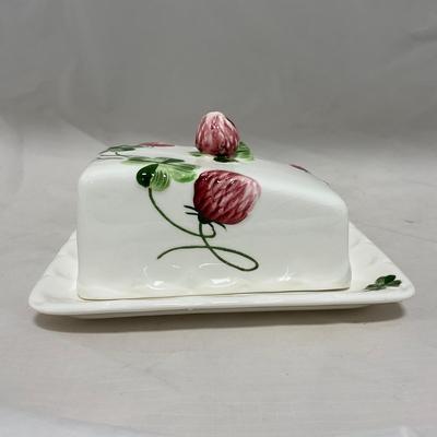 -108- White & Flowered | Glazed | Covered Sugar Dish & Spoon | Covered Butter Dish