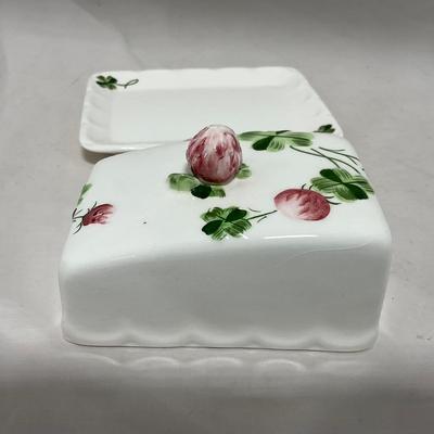 -108- White & Flowered | Glazed | Covered Sugar Dish & Spoon | Covered Butter Dish