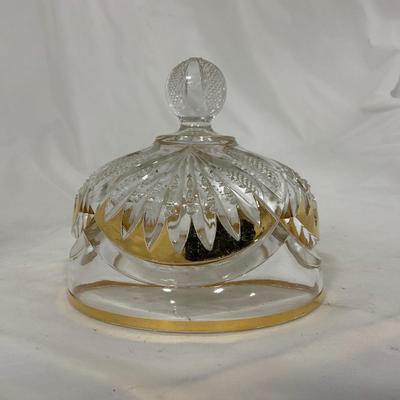 -109- Clear Glass with Gold Accents | Covered Butter Dish | Lidded Jar | Sugar & Creamer