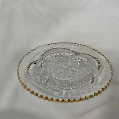 -109- Clear Glass with Gold Accents | Covered Butter Dish | Lidded Jar | Sugar & Creamer