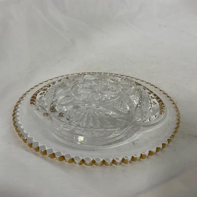 -109- Clear Glass with Gold Accents | Covered Butter Dish | Lidded Jar | Sugar & Creamer