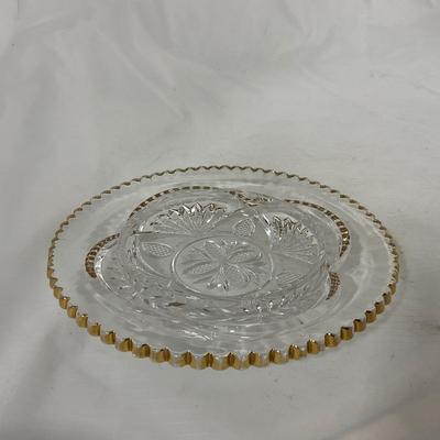 -109- Clear Glass with Gold Accents | Covered Butter Dish | Lidded Jar | Sugar & Creamer