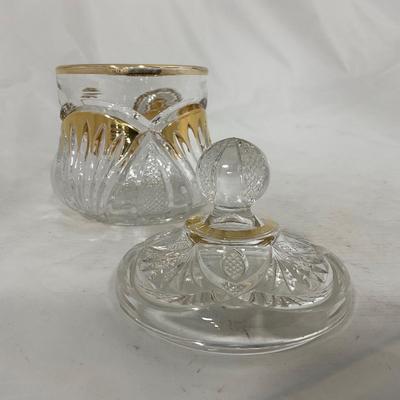 -109- Clear Glass with Gold Accents | Covered Butter Dish | Lidded Jar | Sugar & Creamer
